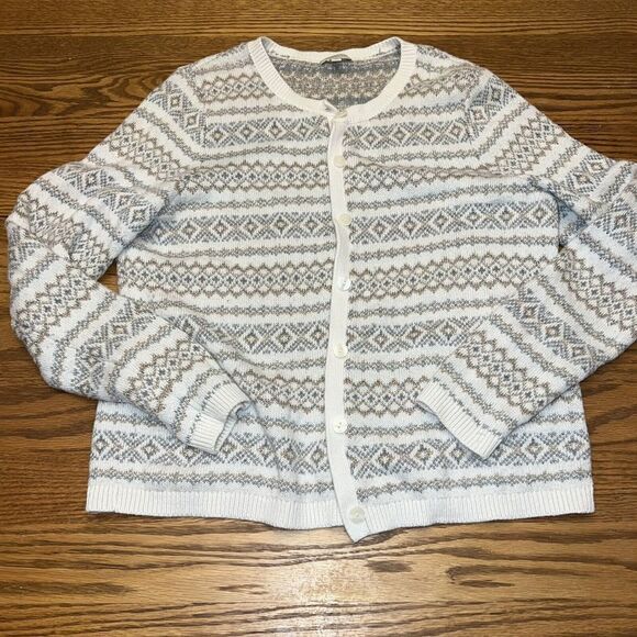 Talbots Ivory Gold & Silver Metallic Button Front Cardigan Sweater L Petite - Picture 1 of 4